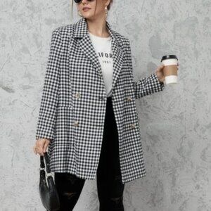 SHEIN Plus Gingham Pocket‎ Front Double Breasted Blazer